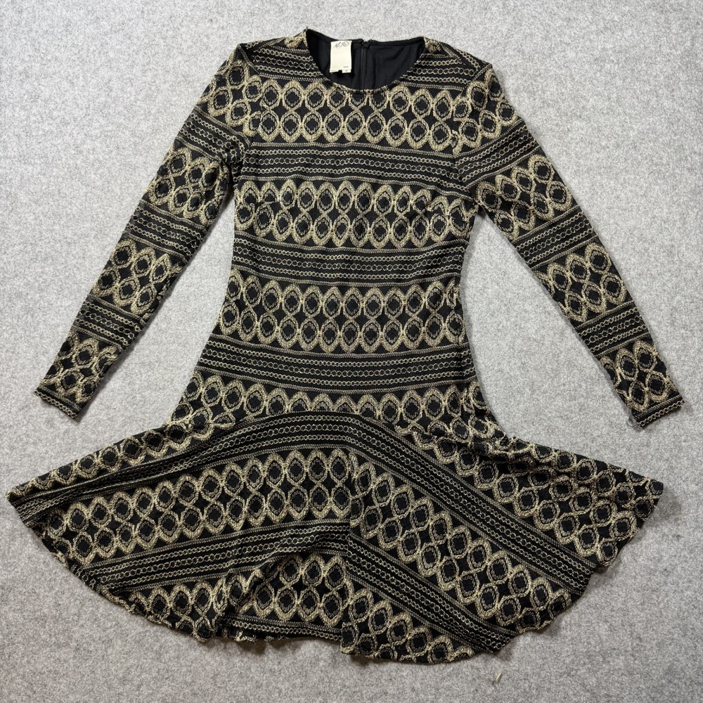 Ali Ro Womens Fit Flare Dress 2 Black Gold Metallic Geometric Knit Long Sleeve